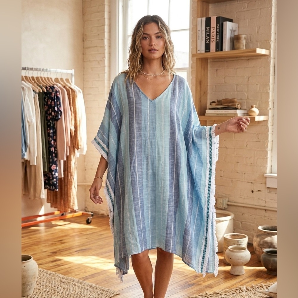 Rise & Bloom Blue Striped Cotton Caftan – Size XL